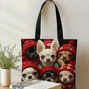Resim 1 adet Kırmızı Örgü Şapkalar Tasarımı ile Chihuahua Tote Çantası - Katlanabilir, Tekrar Kullanılabilir Omuz Alışveriş Çantası Kadınlar İçin, Karışık Renkler 