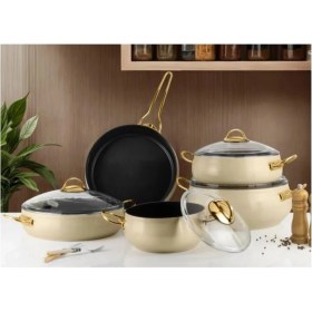 Resim Lines 9 Parça Seramik Güveç Tencere Seti Altın Kulp - 152.4.07.091-KREM 
