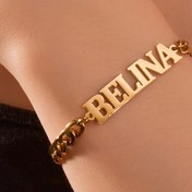 Resim Kadınlar için Kişiselleştirilmiş İsim Bileklik - Özel Kazınmış 304 Paslanmaz Çelik Şık Altın Tonlu Zincir Bağlantı Bilezik, Ona Günlük Takı Hediyesi, Doğum Günü, Mezuniyet, Öğretmenler Günü ve Bayramlar İçin Dayanıklı, Zarif Aksesuar | Kaliteli Bitişli, Cazibe Bileziği 