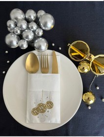 Resim Gold Yaldızlı Beyaz Disco Topu Cepli Peçete 12 Adet 40x40 