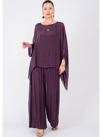 Resim Bohem Stil İtalyan Yarasa Kol İpek Bluz & Pantolon Takım-8767 Mürdüm 