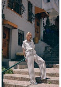 Resim Sateen Çizgili Keten Karışımlı Pantolon - Lacivert-136316 Lacivert 
