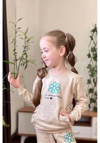 Resim Riccotarz Kız Çocuk Göğsünde Papatya Ve Kanguru Fırfır Cep Detaylı Sweat Bej Eşofman Takım Bej 