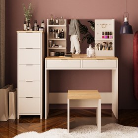 Resim Bimossa U50 Diena Çekmeceli Dolaplı Tabureli Makyaj Masası - Meşe - Kumtaşı 