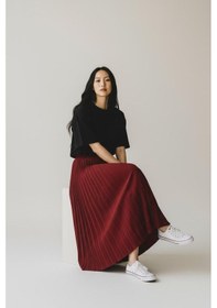 Resim Eren Style Pileli Pamuklu Dokuma Viskon Kışlık Etek 95 Cm - 38-48 Bordo 