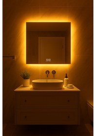 Resim Digital Hayat Buğu Çözücü Dokunmatik Dimlenebilir Kare Ayna Amber Koyu Sarı Led Işıklı Dekoratif Banyo Makyaj Aynası Koyu Sarı 
