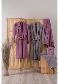 Resim Cotton Box Bambu 3D Nakışlı Aile Bornoz Seti Violet Mürdüm-Gri 