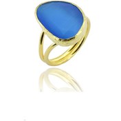 Resim Beyisa Güneş Taşı Serisi Kedi Gözü Fasulye Kesim Mavi 22 Ayar Gold Altın Sarı Kaplama Kadın Yüzük 
