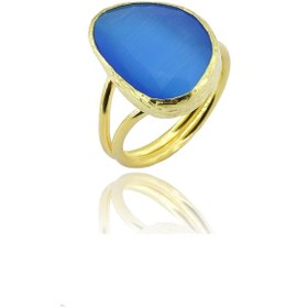 Resim Beyisa Güneş Taşı Serisi Kedi Gözü Fasulye Kesim Mavi 22 Ayar Gold Altın Sarı Kaplama Kadın Yüzük 