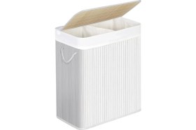 Resim Storemax Karaworksell Songmıcs Bambudan Yapılmış Çamaşır Sepeti, 2 Bölmeli Çamaşır Kutusu, Kapaklı Çamaşır Ayırıcı ve Çıkarılabilir Çamaşır Torbası, Pamuklu Kulplar, 100 L Çamaşır Kutusu, Beyaz LCB64WT 