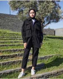 Resim Vioshine Kadın Önü Düğmeli Kuşaklı Siyah Kot Mont - Siyah 