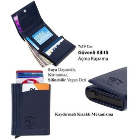 Resim Bürke Çok Gözlü Akıllı Kredi Kartlık Kartvizitlik Otomatik Unisex Cüzdan Mekanizmalı Deri Cüzdan - Lacivert 