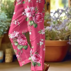 Resim Kadınlar için Çiçek Desenli Geniş Paça Pantolon - Kırmızı & Pembe Gül Tasarımı, Düz Kesim Cepli, Makinede Yıkanabilir İlkbahar/Yaz Tatil Giysisi, Zarafet Koleksiyonu, Çiçekli Baskılı Pantolon 
