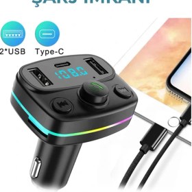 Resim Erdineks Rgb Fm Transmitter Bluetooth V5.0 Bağlatısı Sd Kart Flash Bellek Destekli Type-C USB Şarj Girişi 