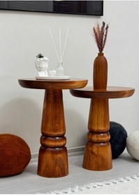 Resim ASELYA HOME Ahşap 2’li Set Mantar Yan Sehpa Modern Açık Ceviz Fiskos Zigon Çiçeklik 