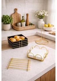 Resim Karteya Gold Servis Sunum Seti Ekmeklik Ekmek Sepeti Mutfak Havluluk Peçetelik Nihale 4 Parça Altın 