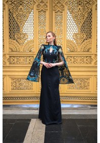 Resim Crystalia Lauren Dress Krep Ve Jakar Kumaş Özel Tasarım - Siyah & Mavi Siyah - Mavi 