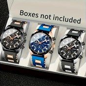 Resim 3 adet Erkek Vintage Spor Kronograf - Büyük Yuvarlak Kadran, Silikon Kayış, Kuvars Hareket, Takvim Fonksiyonu, Su Geçirmez Olmayan Çinko Alaşım Kasa, Pil Güçlü Elektronik Sürücü, Ona Mükemmel Hediye 