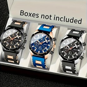 Resim 3 adet Erkek Vintage Spor Kronograf - Büyük Yuvarlak Kadran, Silikon Kayış, Kuvars Hareket, Takvim Fonksiyonu, Su Geçirmez Olmayan Çinko Alaşım Kasa, Pil Güçlü Elektronik Sürücü, Ona Mükemmel Hediye 