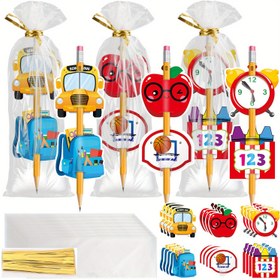 Resim 98 adet Okula Dönüşü Hediyeleri Kartları Seti Şeffaf Cellophane Hediyeler Toplu Twist Bağları ile Elma Araba Sırt Çantası Alarm Saati Desenli Kalem Kartları İlk Gün Okul Sınıfı Ödül Partisi Malzemeleri 