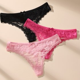 Resim 3 adet Kadın Dantel Thong ile Kurdele Detayı - Siyah, Pembe ve Beyaz Renklerde Yumuşak, Nefes Alabilen, Esnek İç Çamaşırı, Sonbahar ve Kış için Seksi Konfor 