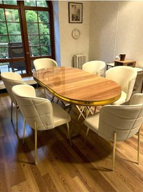Resim Msy Home 4kişilik Serya Ceviz Oval Masa Gold Ayak Yönsüz Kumaş Modern Ve Şık Yemek Odası Takımı Bej 