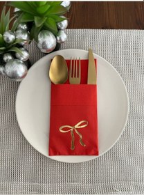 Resim Gold Yaldızlı Kırmızı Cepli Fiyonk Peçete 12 Adet 