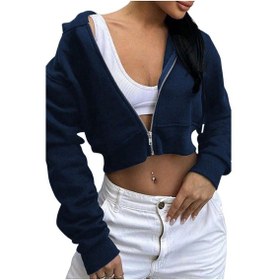 Resim Lacivert Kadın Crop Fermuarlı Kapüşonlu Sweatshirt Lacivert 