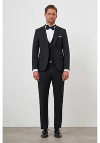 Resim Morven Erkek Siyah Poliviskon Ceramonia Düz Desen Slim Fit Sivri Çıkma Yaka Damatlık Siyah 