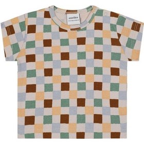 Resim Antebies Organik Gots Sertifikalı Pastel Damalar Beli Lastikli Bağcıklı Kısa Kollu Erkek Bebek Tshirt Şort Takımı Bej 