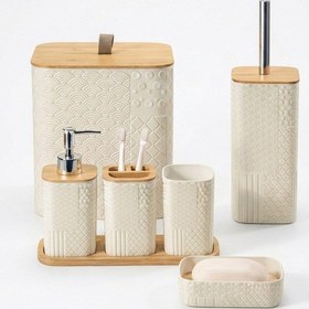 Resim Makri Home Desenli 7 Parça Bambu Kapaklı Ve Aksesuarlı Banyo Seti Mavi 