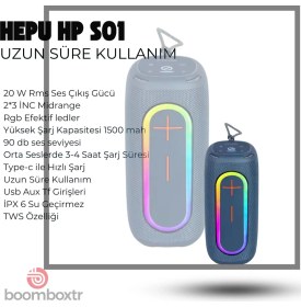 Resim Hepu HP-S01 Taşınabilir Şarjlı Bluetooth Hoparlör 3000 Mah Rgb Aux.usb.tf 20W Rms Tws Type-C Şarj 