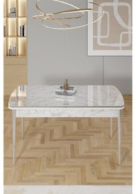 Resim Canisa Rada Serisi 80x132 Açılabilir Lak Panel Beyaz Mermer Desen Masa 4 Krem Sandalye Krom Detay Beyaz Mermer Desen Masa Krem Sandalye 