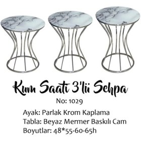 Resim Brc Kum Saati Zigon Beyaz Mermer Desen Metal Çelik Gümüş Renk Kap 