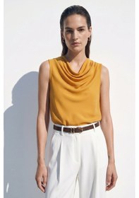 Resim Sateen Degaje Yaka Kolsuz Bluz - Hardal-137384 
