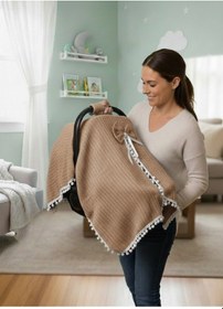 Resim Örgülü Keten Puset Örtüsü - Yeşil Renk Ponponlu Bebek Taşıma Örtüsü Kahverengi 