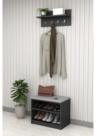 Resim Asra Trend MDF Puflu Ayakkabılık ve Askılık – 60 cm Portmanto Seti, Modern, 2 Raflı, A-33 Antrasit 