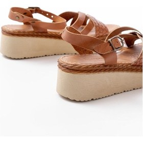 Resim 730-138 Taba Örgü Hakiki Deri Ortopedik Taban Kadın Sandalet Bej 