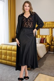 Resim Jenny Daphne 2 li Lady uzun kollu siyah renkli tantel detaylı saten sabahlık takımı 15209 
