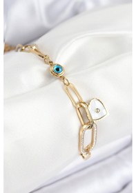 Resim 316l Çelik Nazar Boncuğu Ve Zirkon Taşlı Kalp Model Gold Renk Kadın Bileklik Çok Renkli 