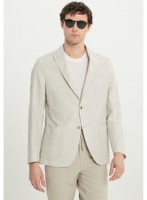 Resim AC&Co / Altınyıldız Classics Erkek Bej Keten Slim Fit Dar Kesim Kırlangıç Yaka Torba Cepli Çizgili Blazer Ceket Bej 
