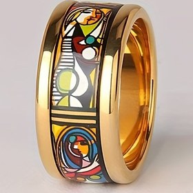 Resim 1 Adet Picasso Esintili Kübist Sanat Yüzüğü - Retro Modern Altın Tonlu Alaşım Takı, Canlı Emaye Renkler ve Soyut Geometrik Tasarım ile Günlük Giyim İçin Sanatsal Aksesuar 