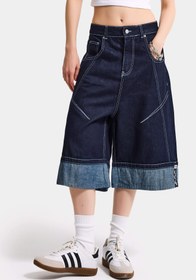 Resim Kadın İndigo Selvedge 7s6-50 Baggy Fit Maxi Boy Özel Tasarım Denim Bermuda Şort - indigo / 38 