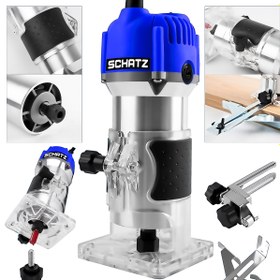 Resim Schatz Profesyonel 600W 6 Kademe Devir Ayarlı Formika Traşlama Freze Makinesi 6 mm Pens + 12 Adet Uç Mavi 