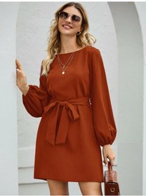 Resim Kadın Uzun Kollu Kayık Yaka Belden Kuşaklı Kısa Ithal Krep Elbise Çok Renkli 