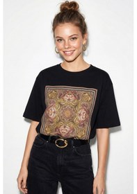 Resim Shade Kadın Etnik Desenli Boncuk İşlemeli Baskı Detaylı Oversize T-shirt 2128 60286123 - Siyah 