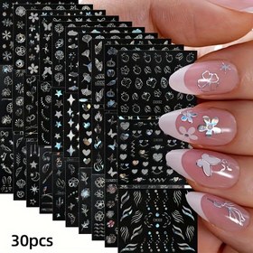 Resim 30 adet 3D Holografik Gümüş Nail Art Sticker, Y2K Kelebek, Ay, Yıldız, Kalp Tasarım, Parlak Bitir, Kendinden Yapışkan Nail Dekorasyon, Pırıltılı Glitter Süsleme, Karikatür Temalı, Düzensiz Şekil, Tek Kullanımlık, Plastik Malzeme, Kadın ve Kızlar için DIY Manikür Dekorasyonları 