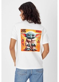 Resim Yapay Zeka Tasarım Sırt Aplike Özel Baskılı %100 Pamuklu Penye Regular Fit T-shirt Bebek Yoda Siyah - Beyaz 
