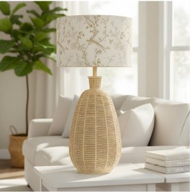Resim Vanya Bej Gövde Baskılı Krem Başlık Rattan Dekoratif Abajur Bej 