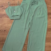 Resim Yazlık İşe Gidiş, Nane Yeşili Delikli Crop Üst + Rahat Beli İpli Geniş Paça Pantolon Takımı 